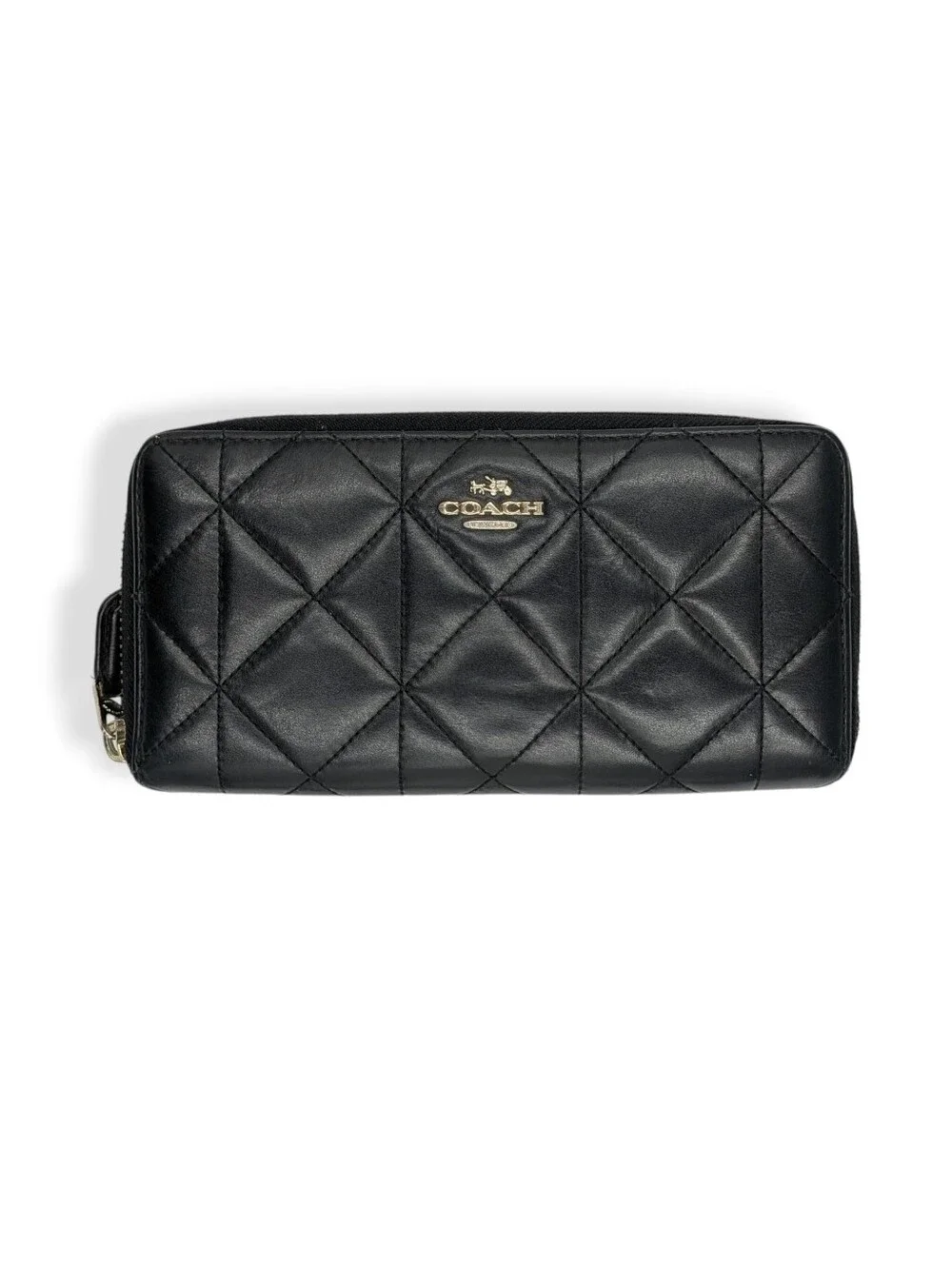 Coach Quilted Wallet Women Smooth Leather Zip Around Gold Logo Organizer Black